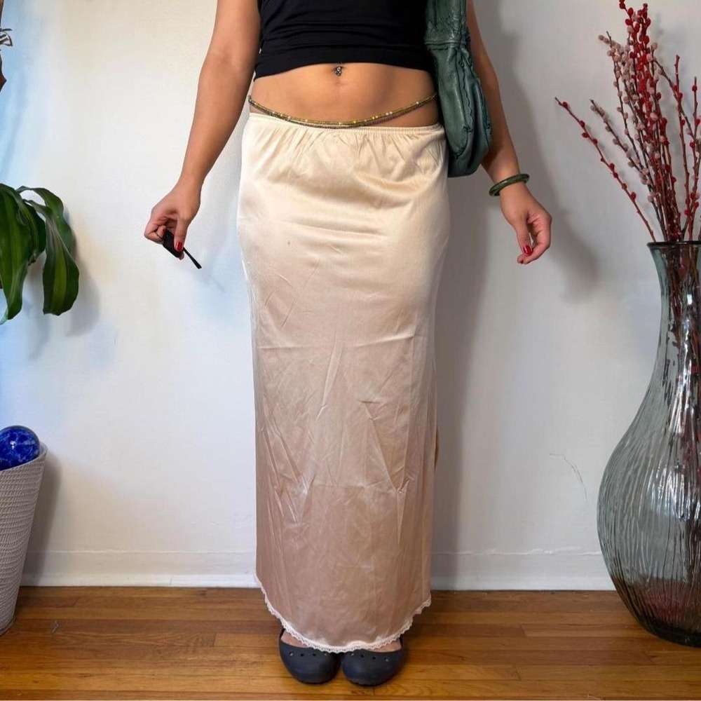 Vanity Fair Vintage 90s Nude Satin Slip Maxi Skirt Lace Trim Tan Medium
